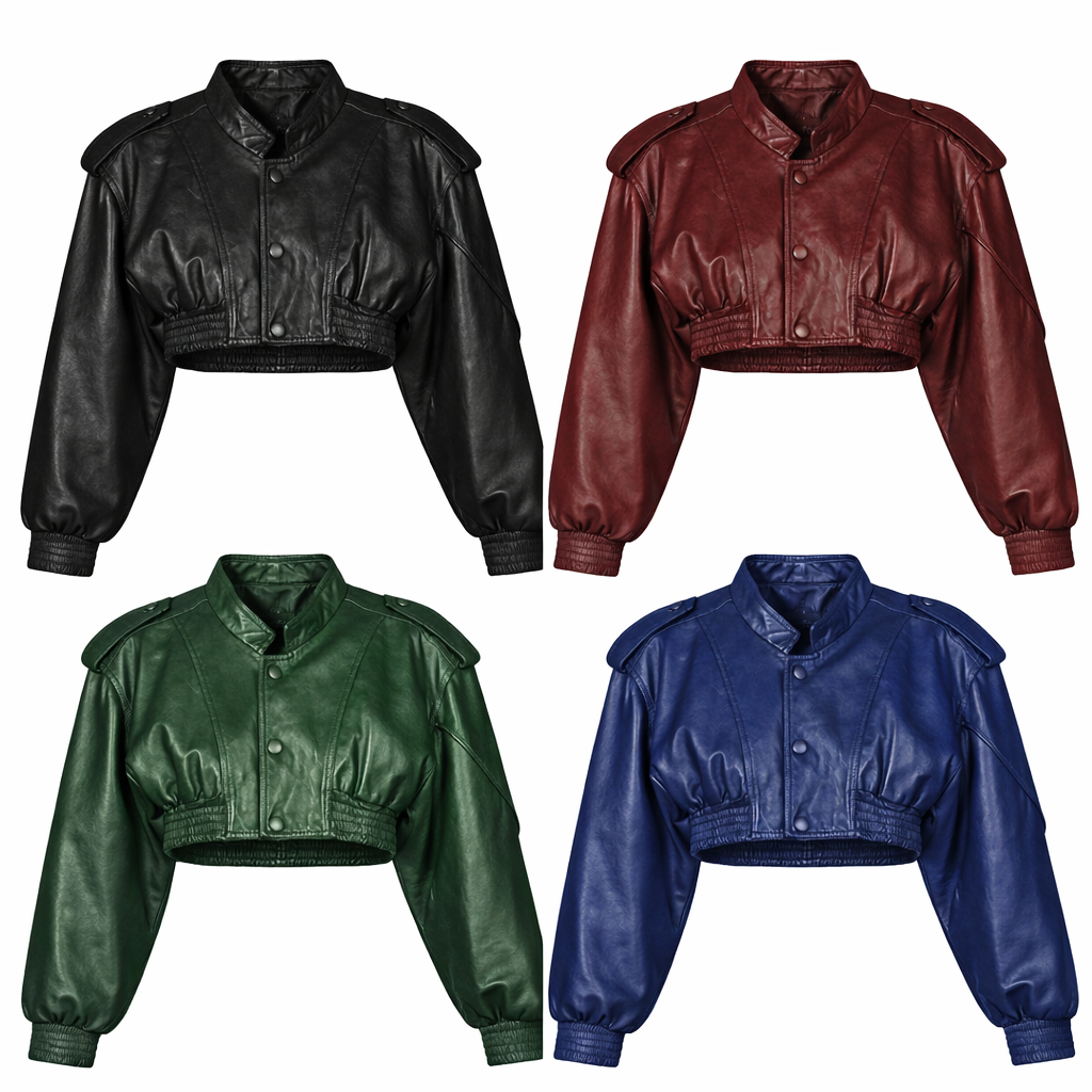 Cropped Leather Snap-Front Bomber