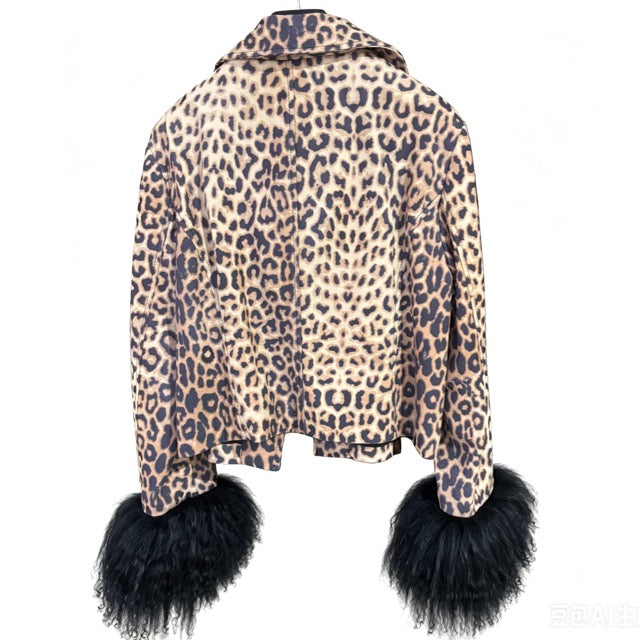 Leopard Leather Jacket with Mongolian Fur Cuffs