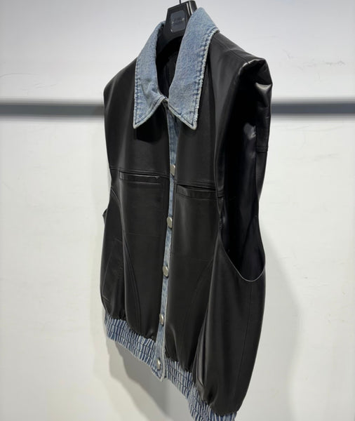 トップス cutrate LEATHER COMBINATION DENIM VEST Blue Denim/Leather Combo Club Style Vest - Riders Biker Supply