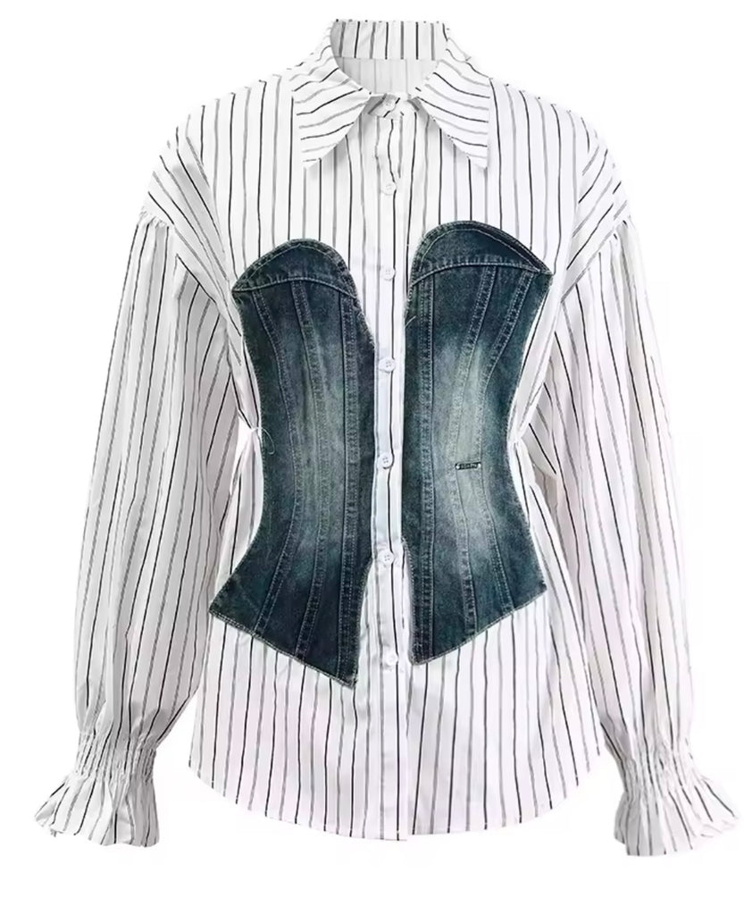 Stripe Shirt with Denim Details