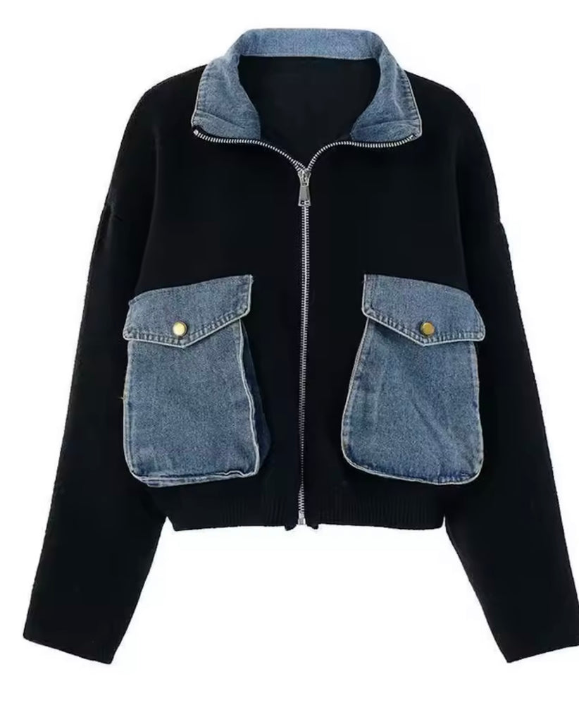 Denim Pockets -  Knit Bomber