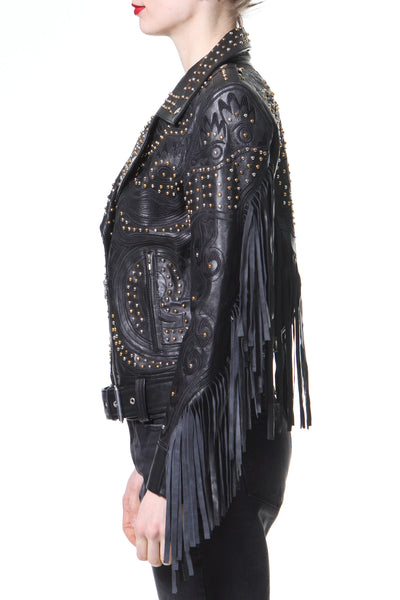 Studded Fringe Leather Biker | Madonna & Co