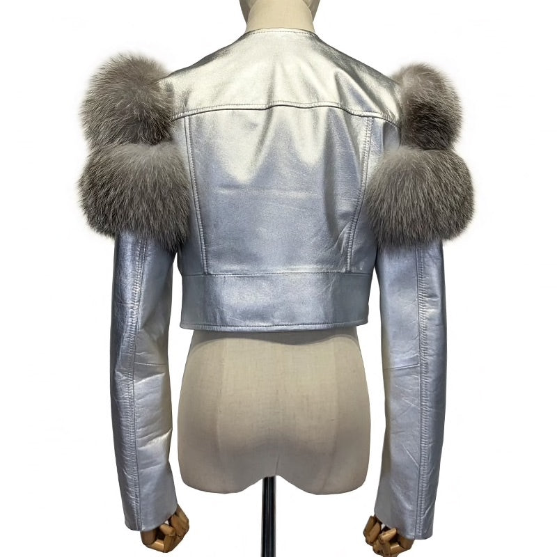 Silver Lamb Moto with Fox Trim