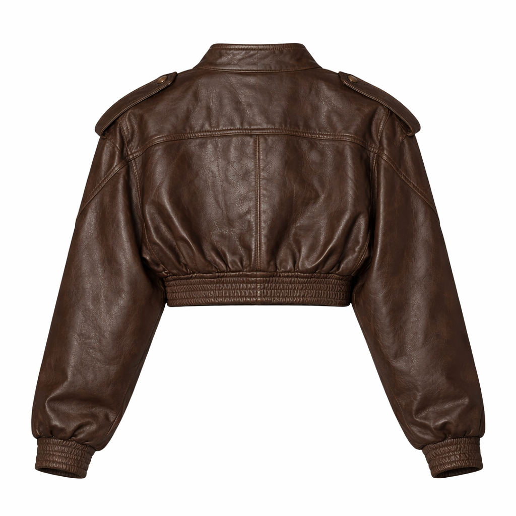 Cropped Leather Snap-Front Bomber