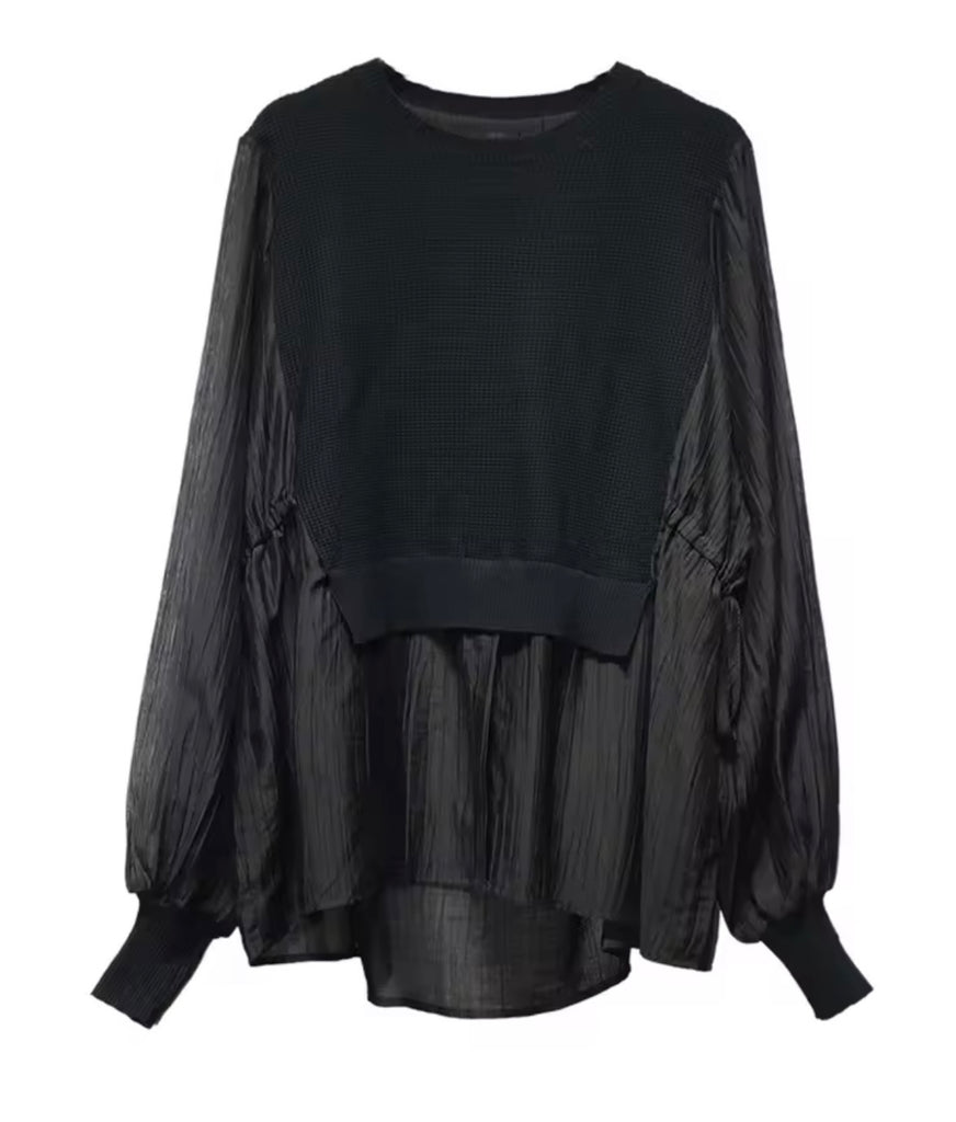 Mixed-Media Pleated Layered Top
