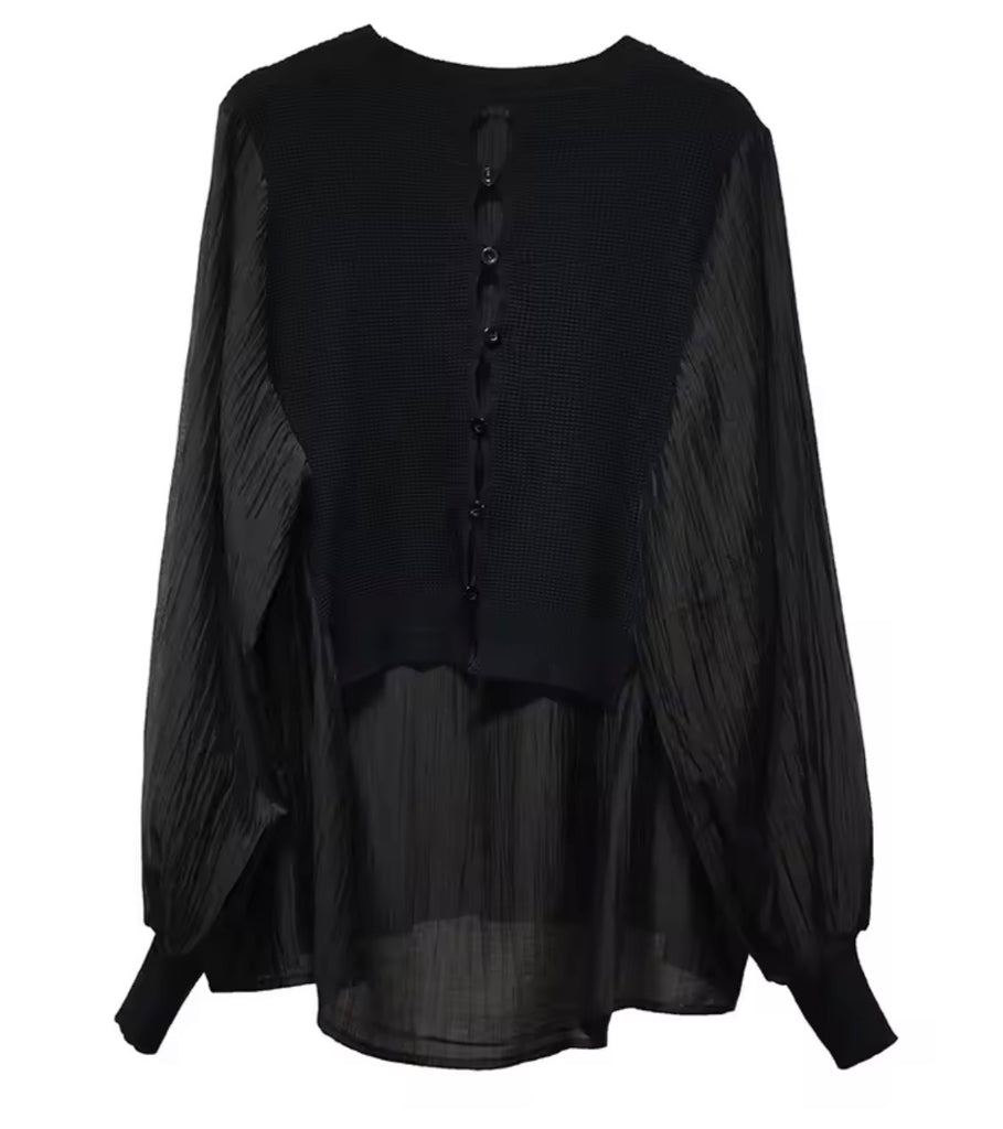 Mixed-Media Pleated Layered Top