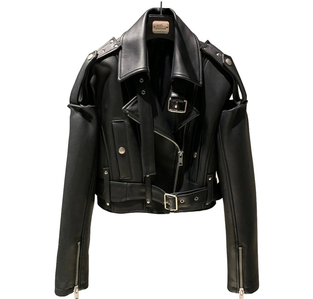 Cropped Leather Moto Jacket with Statement Hardware