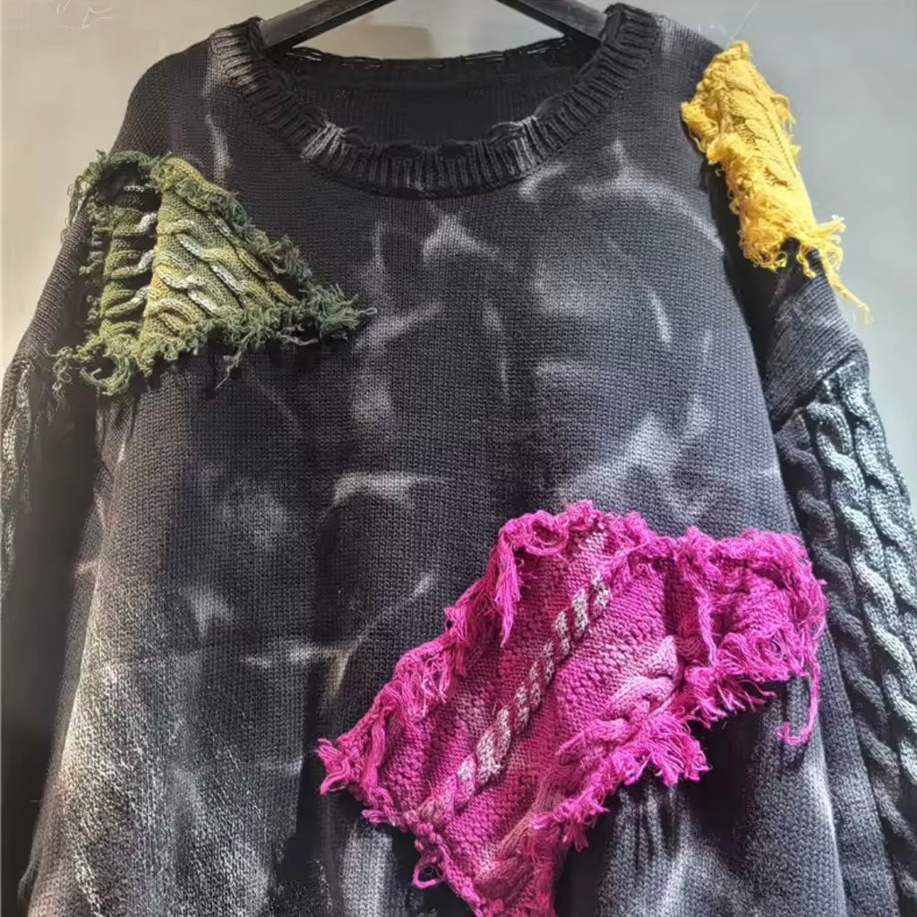 Mixed-Media Distressed Patchwork Sweater