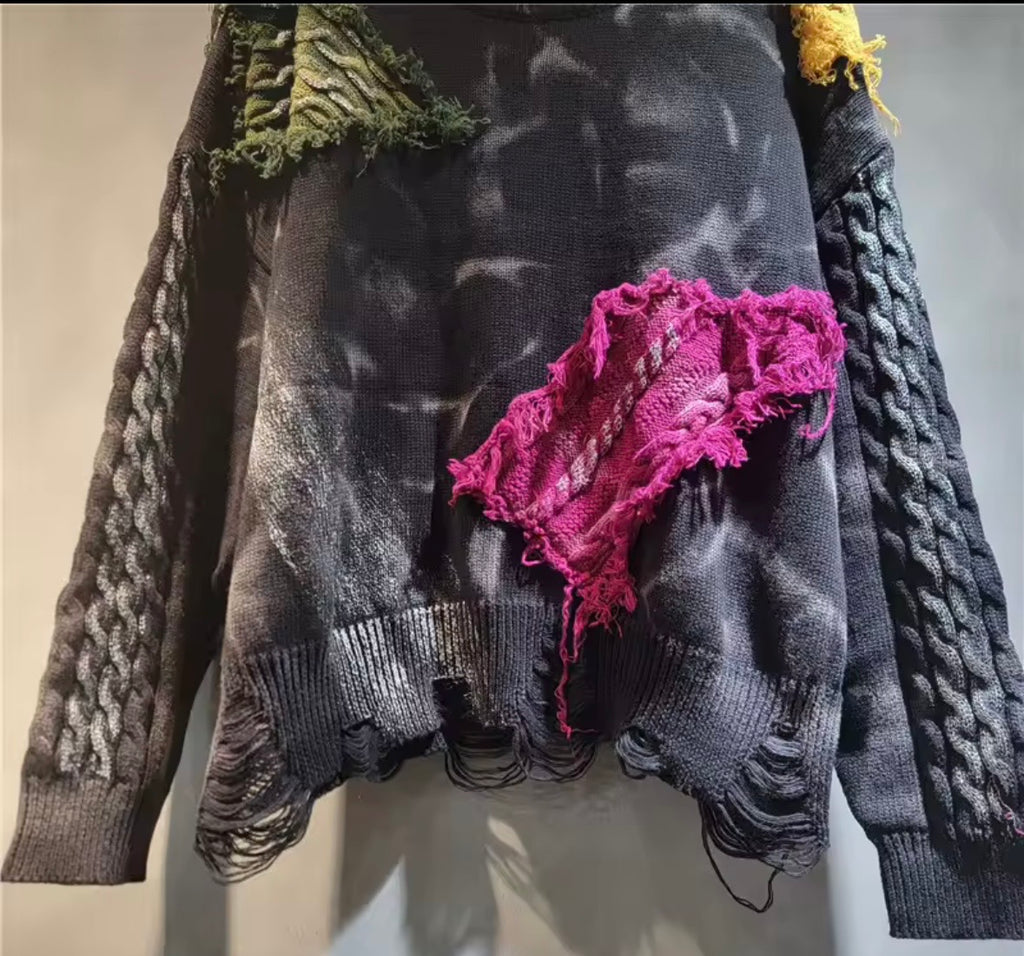 Mixed-Media Distressed Patchwork Sweater
