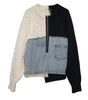 Patchwork Knit & Denim Half-Zip Pullover