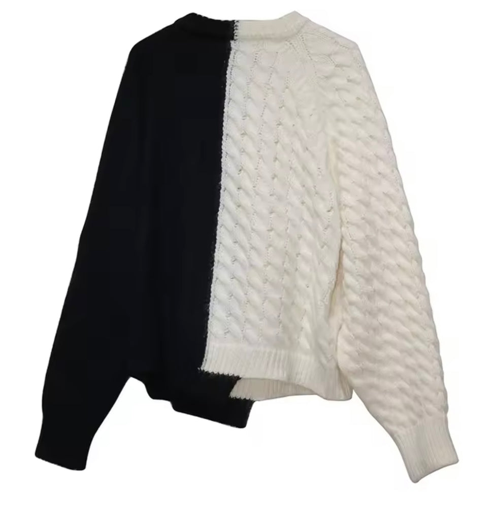 Patchwork Knit & Denim Half-Zip Pullover