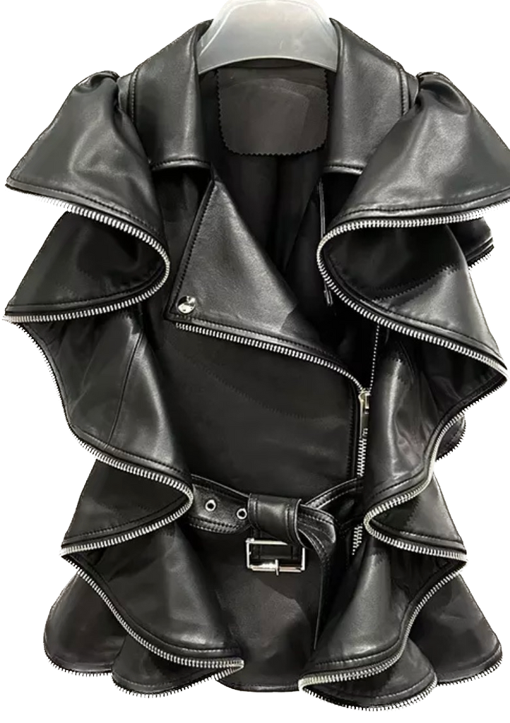 Ruffle Leather Vest with Zipper Detail